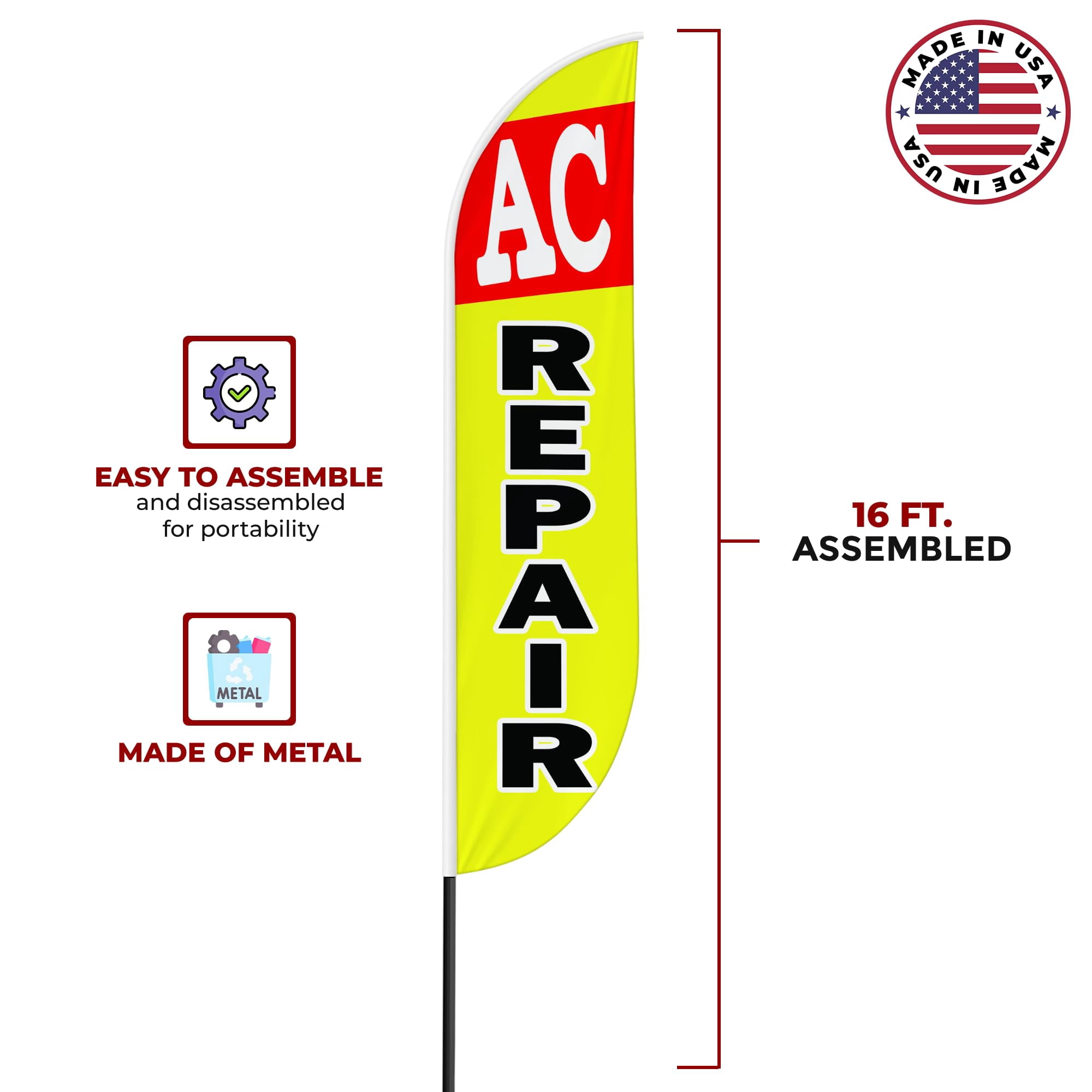 AC Repair Sign feather flag Pole kit for Outdoor by Mavis Printing | 15 FEET Long Polyester Outdoor Banner Flag Pole Mount Easy Hang | HD Print Swooper Flags to Advertise Car Business