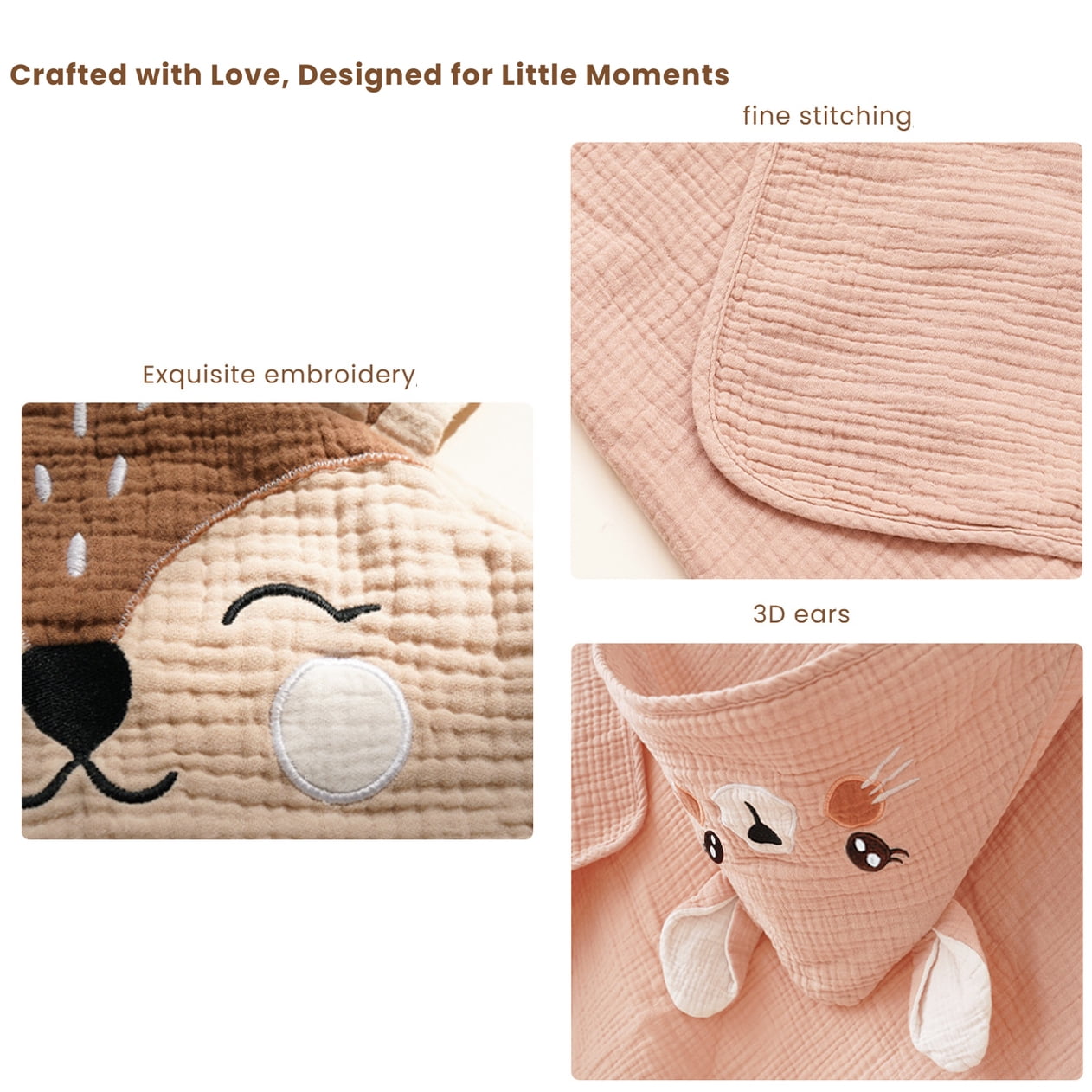 WIBACKER Baby 100% Cotton Muslin Cartoon Hooded Bath-32 x 32 Inches Towels Soft & Absorbent Bath Towel for Newborn Infant Essential Baby Gift