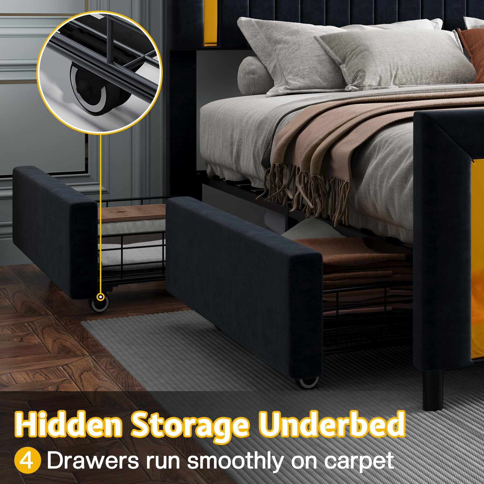 VanAcc Upholstered Platform Queen Size LED Bed Frame with 4 Storage Drawers, Adjustable Headboard with Vertical Channel Design, Black
