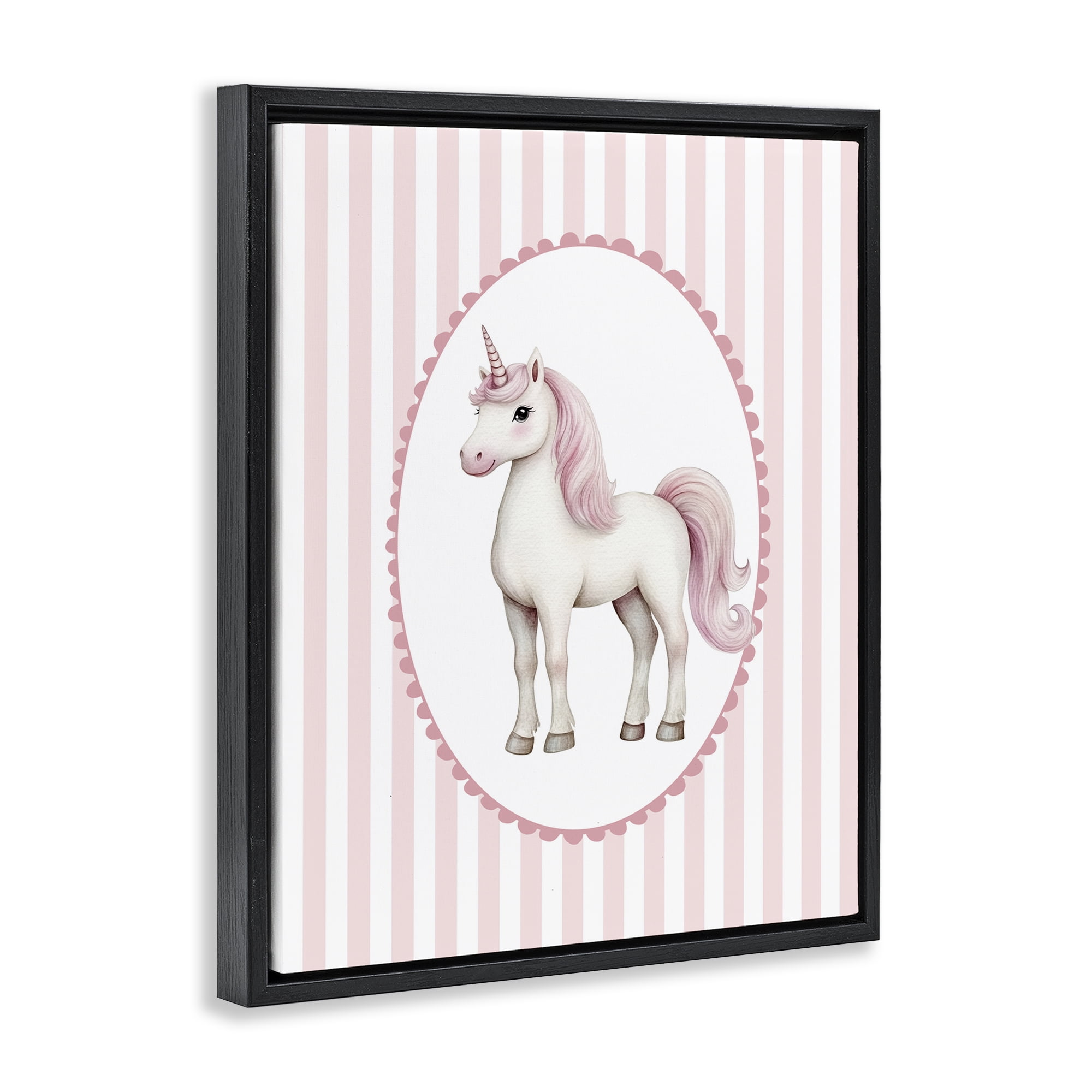 Gentle Unicorn on Pink Stripes Black Framed Floater Canvas Wall Art, design by Christine Simpson Art