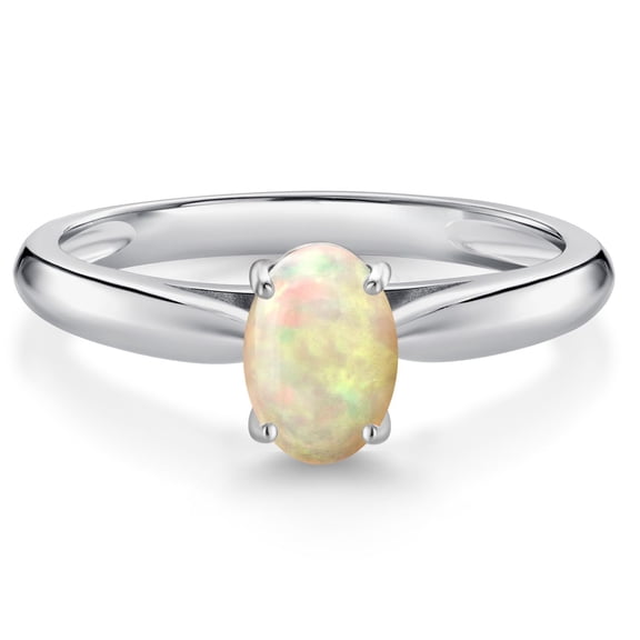 Gem Stone King 10K White Gold White Ethiopian Opal Solitaire Engagement Ring for Women (0.51 Cttw, Oval Cabochon 7X5MM, Gemstone Birthstone, Size 7)