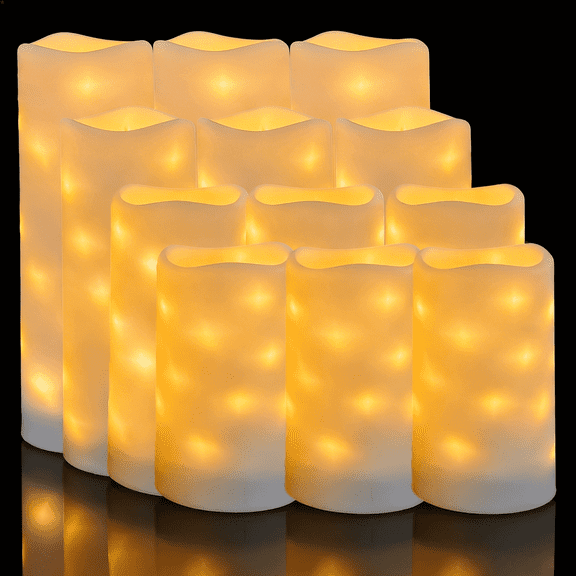 Goyuon Flameless Candles Embedded Star String Flickering LED Pillar Battery Operated with Remote Control and Timer, 12 Pack