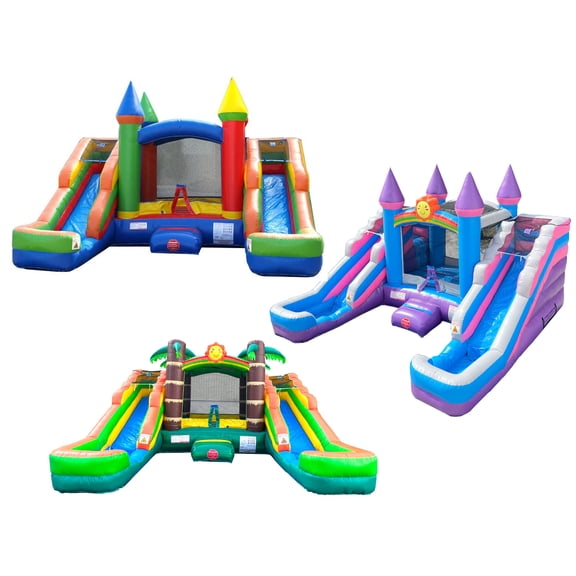 Pogo Bounce House Crossover Double Water Slide Bounce House Combo Trio, Pink, Tropical, and Rainbow