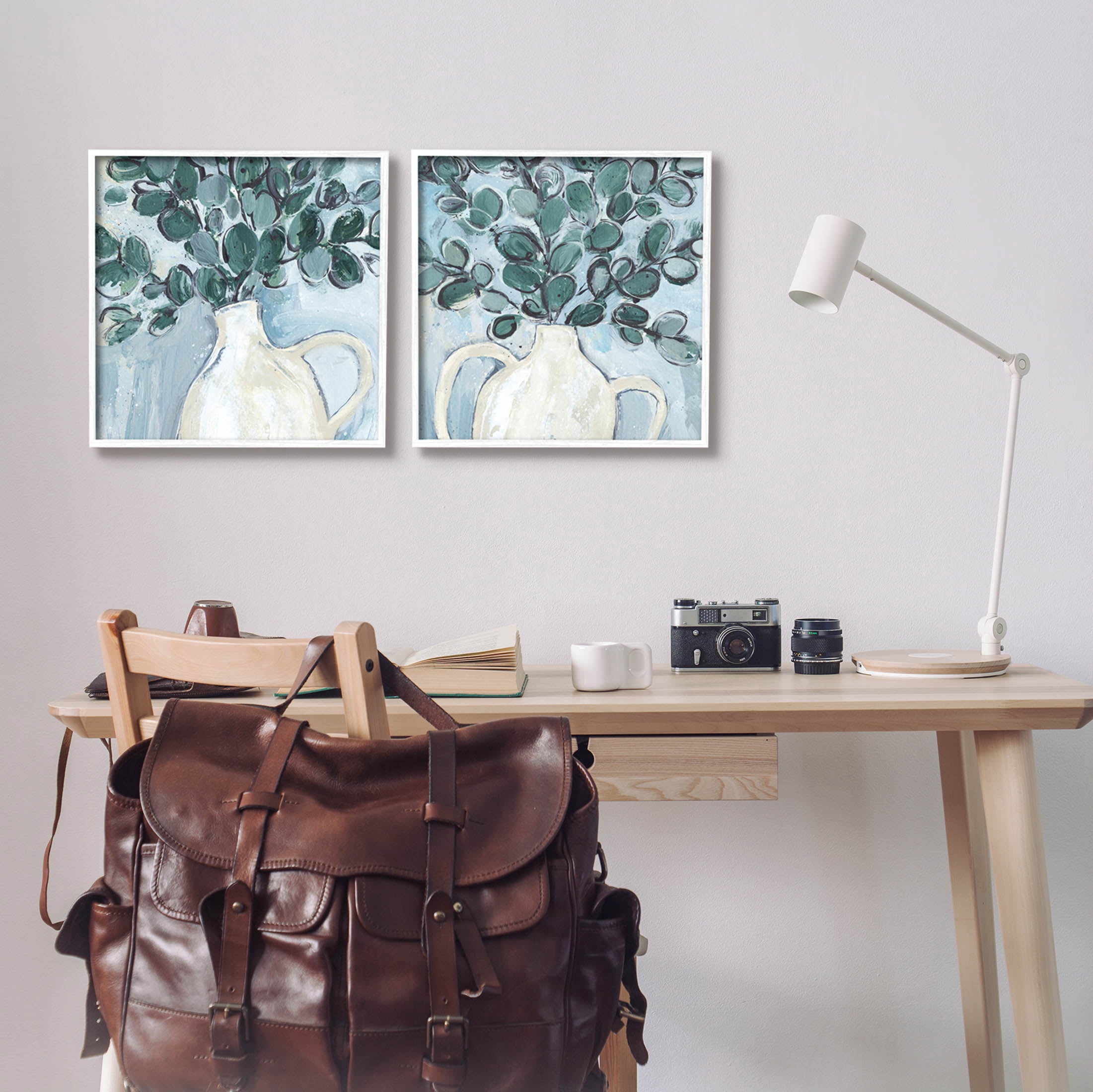 Stupell Industries Contemporary Eucalyptus Herb Vase Painting White Framed Art Print Wall Art, Set of 2, Design by Annie Warren