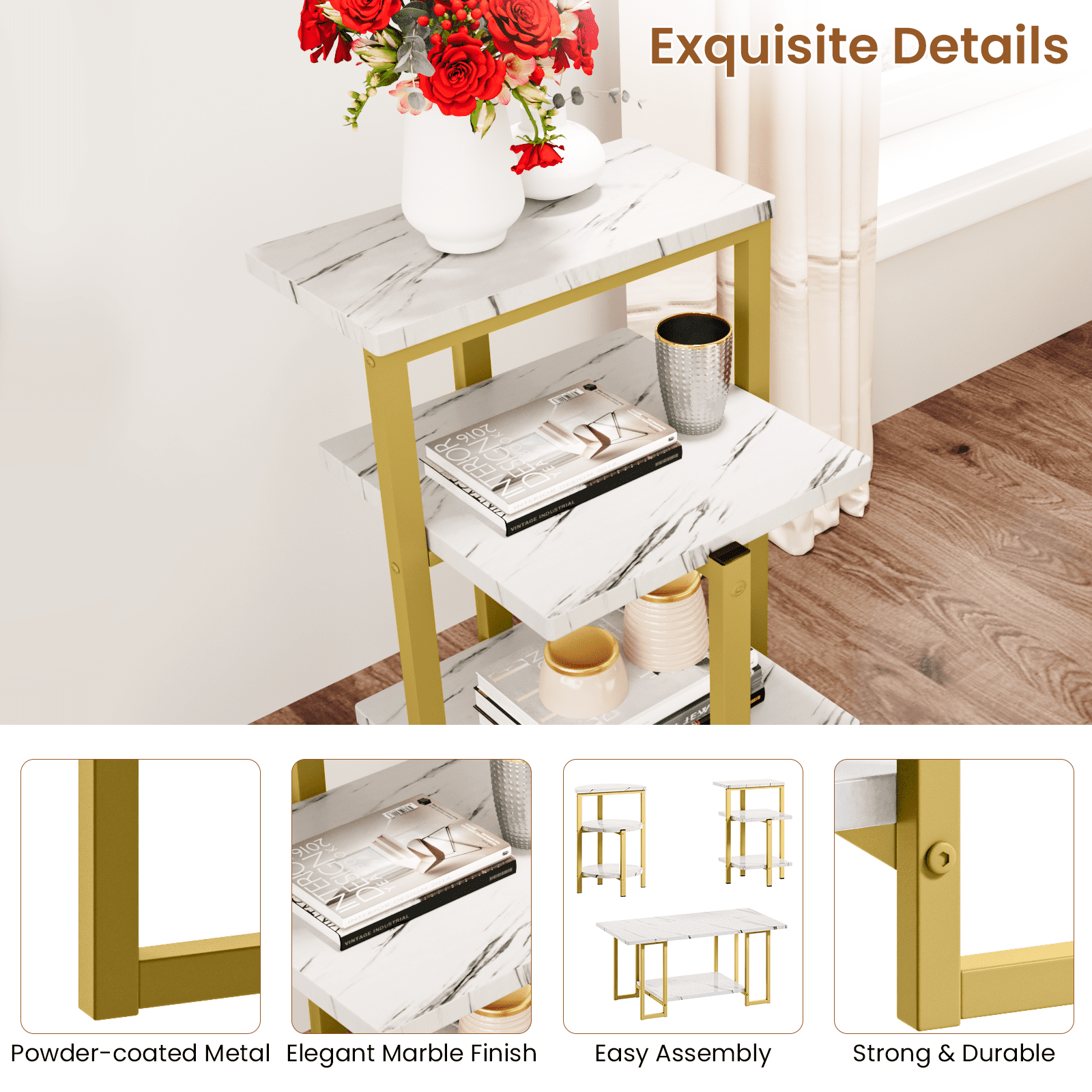 Baxluxe 3 Pieces Faux Marble Table Set, Modern Rectangle Coffee Table with 2 Side Table, Faux Marble Tabletop and Metal Frame, 3 Pieces Table Sets for Living Room, Apartment, White & Black