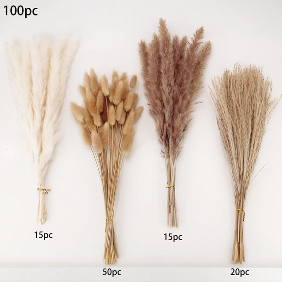 SLYNSHome Dried Pampas Grass Decor,100Pcs Pampas Grass with Bunny Tails Dried Flowers,Reed Grass Bouquet for Wedding Rustic Farmhouse Party