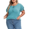 thumbnail image 6 of Mengpipi Womens Plus Size Tops Ruffle Sleeve Lace-Up V-Neck Shirts Loose Fit Casual T-Shirts Blue M-4X, 6 of 8