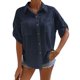 thumbnail image 1 of Camisa de negocios informal para mujer, media manga, cuello vuelto, bolsillos en el pecho con un solo pecho, Top holgado, azul purpúreo S, 1 of 6