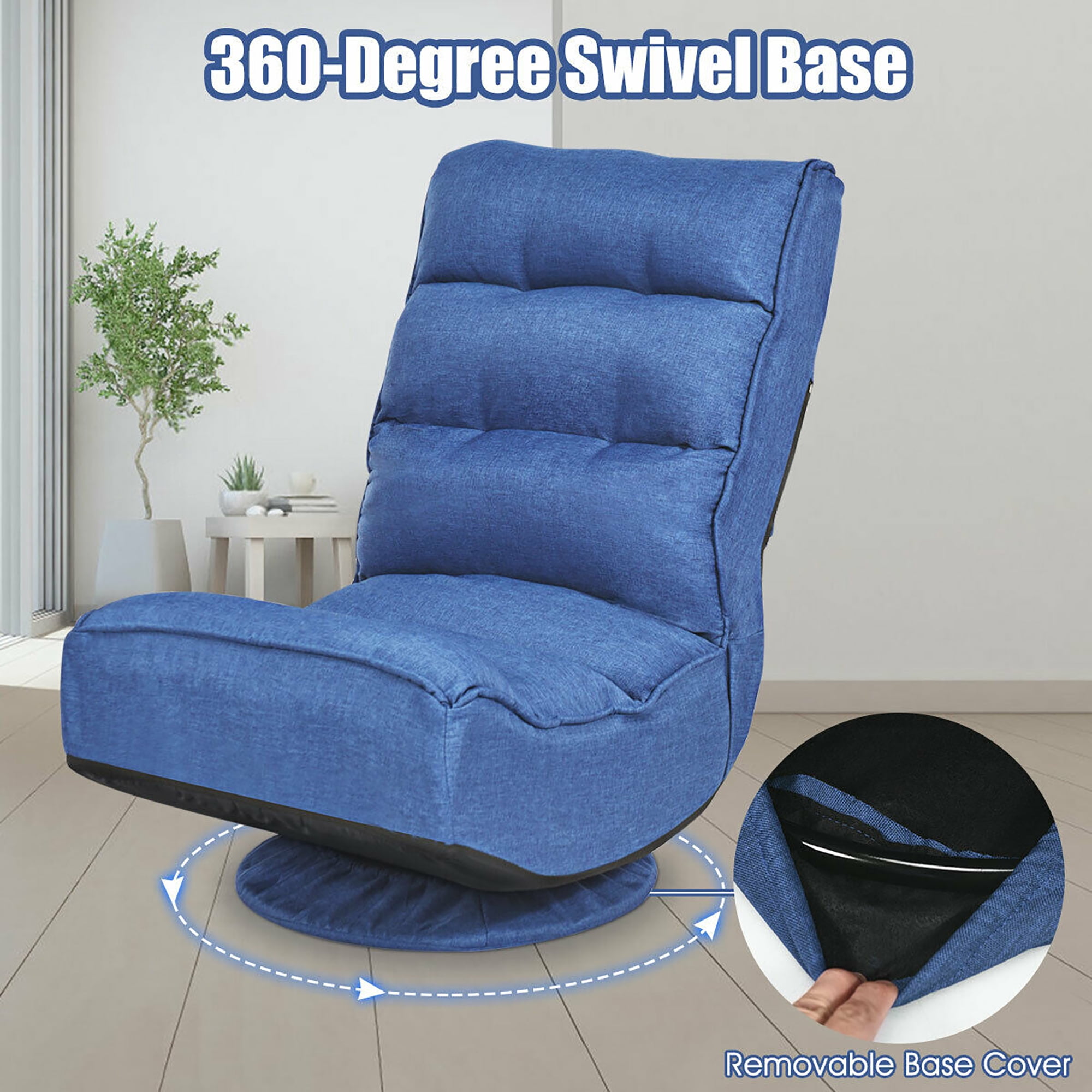 Costway Gaming Chair Fabric 6-Position Folding Lazy Sofa 360 Degree Swivel Grey\ Black\ Coffee High Back-Blue