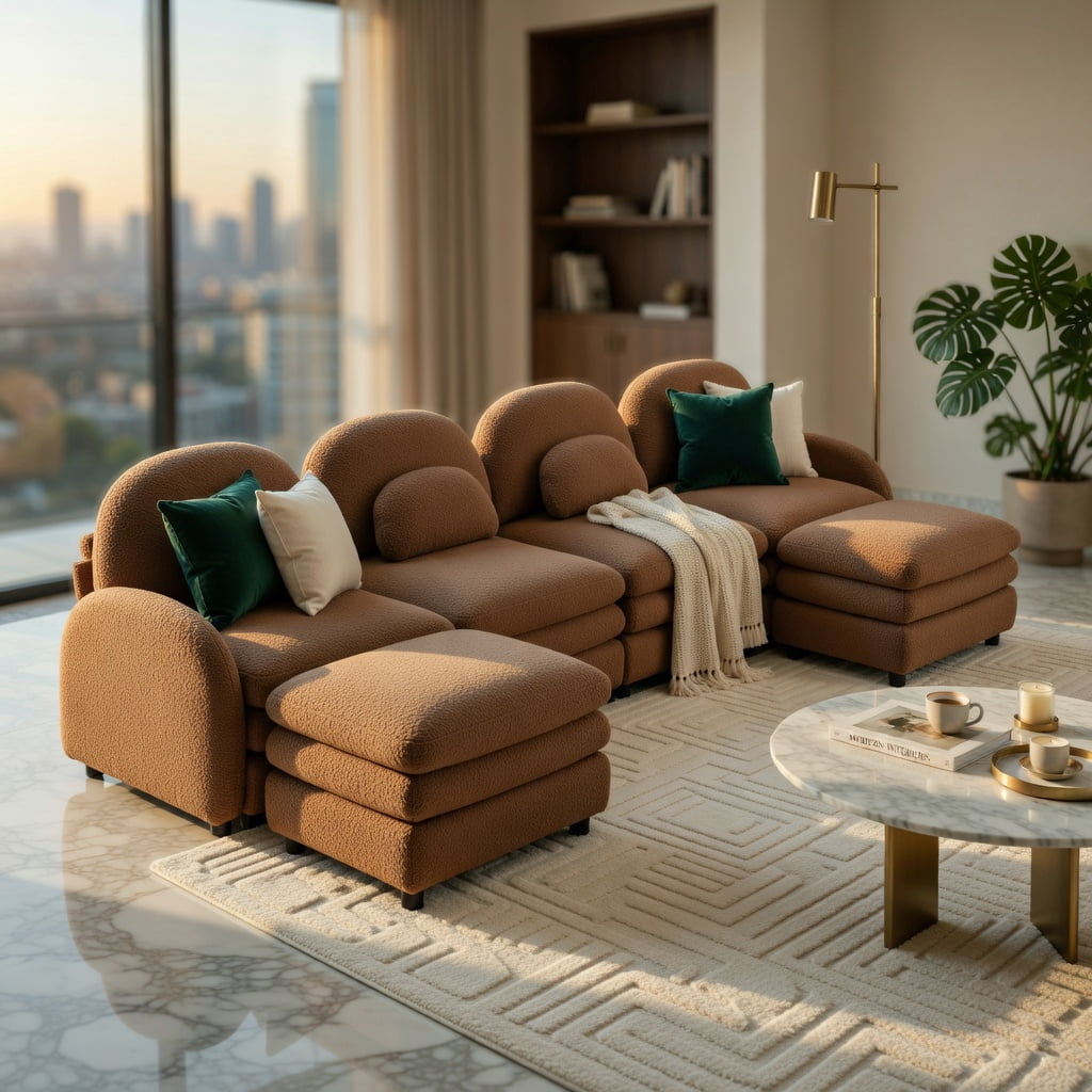 Hommoo Teddy Fleece 4-Seat Modular Sectional Sofa, Cloud-Like Double-Layer Cushion, Curved Backrest & Armrest, Movable Ottoman, Lumbar Support Pillows, Camel