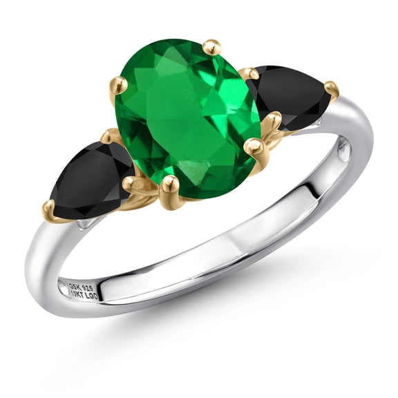 Gem Stone King 925 Silver and 10K Yellow Gold Green Nano Emerald and Black Onyx Engagement Ring for Women | 2.26 Cttw | Oval 9X7MM | Gemstone May Birthstone | Size 6