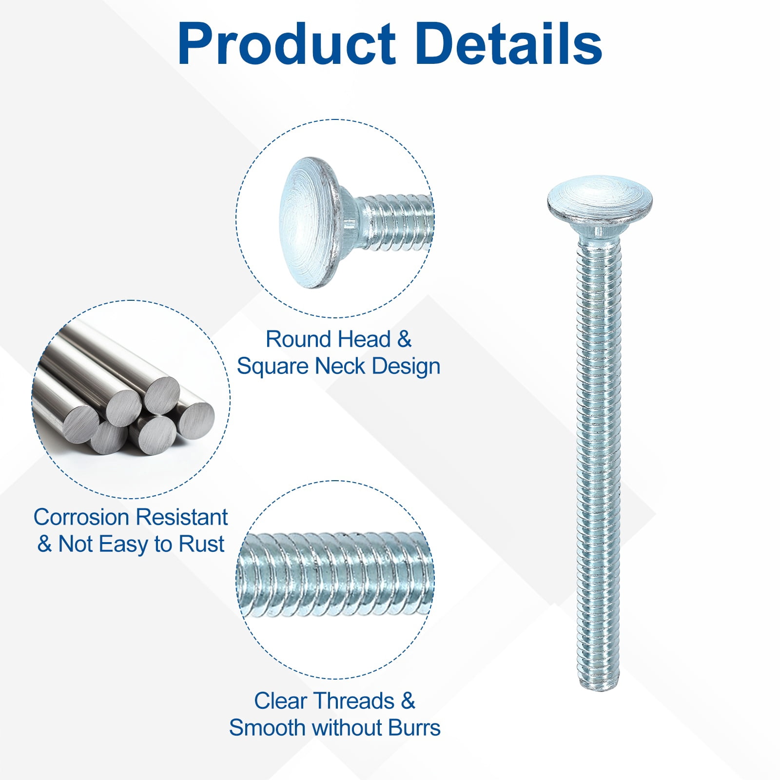 Uxcell 50Pack 1/4"-20x3" Carbon Steel Carriage Bolts Round Head Square Neck, Silver