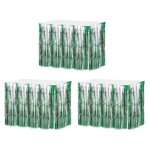 3 Pcs 29x108 Inch Silver Green Metallic Foil Fringe Tinsel Table Skirts