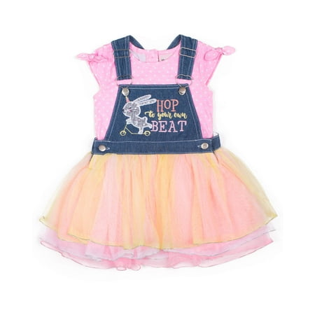 Bunny Unicorn Denim Glittler Tulle Tutu Skirtall and Tee, 2-Piece Outfit Set (Little Girls)