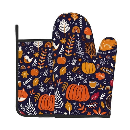 

Tebeau Whimsical Autumn Forest Print Oven Mitts and Pan Racks 2-Piece Set Kitchen Oven Mitts and Pan Racks Heat Resistant 500 °F for Baking and Cooking