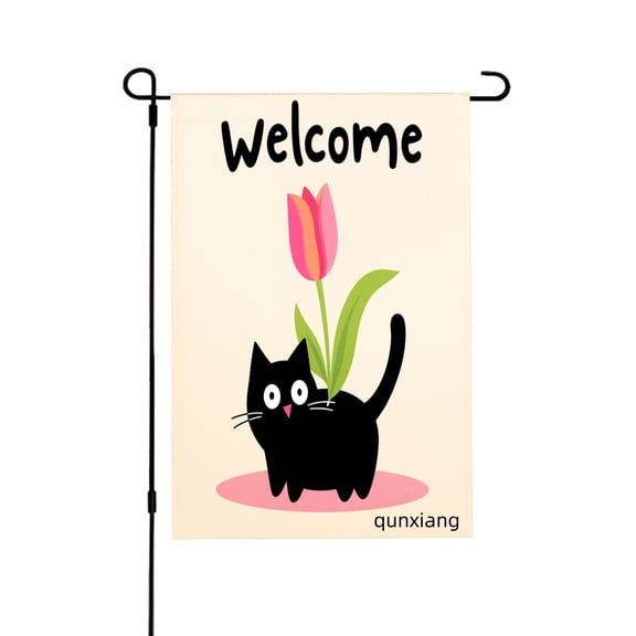 AmhNF Welcome Black Cat With Pink Tulip Garden Flag For Home Outdoor Garden Yard Decor 12x18 inch