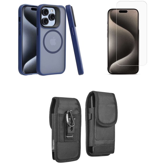 Bemz Phone Case for iPhone 15 with Shockproof Protective Wireless Charging Ring Cover, Screen Protector, Vertical Rugged Nylon Belt Holster Clip Pouch (Dark Blue)