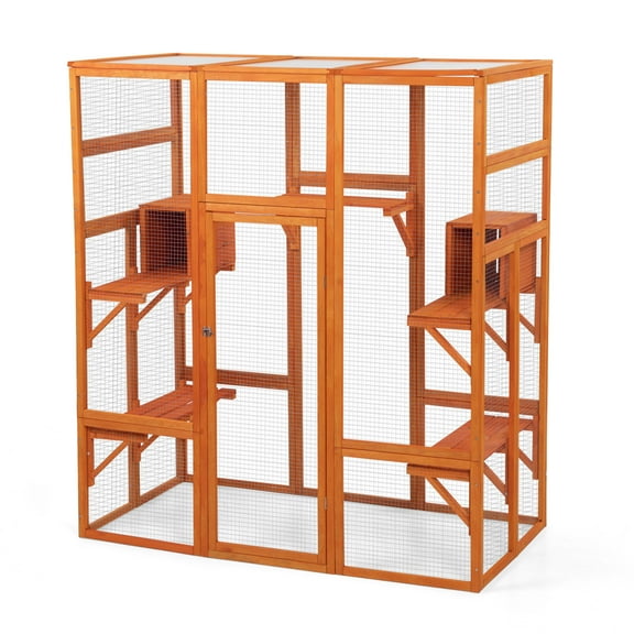 Pefilos 70" Cat House Outdoor Catio Kitty Enclosure Wooden Cat Cage Condo Indoor Playpen with Platforms & Small House, Orange