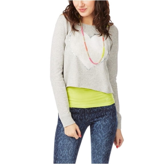 Aeropostale Womens Raglan Rhinestone Heart Sweatshirt, Grey, Juniors, Medium