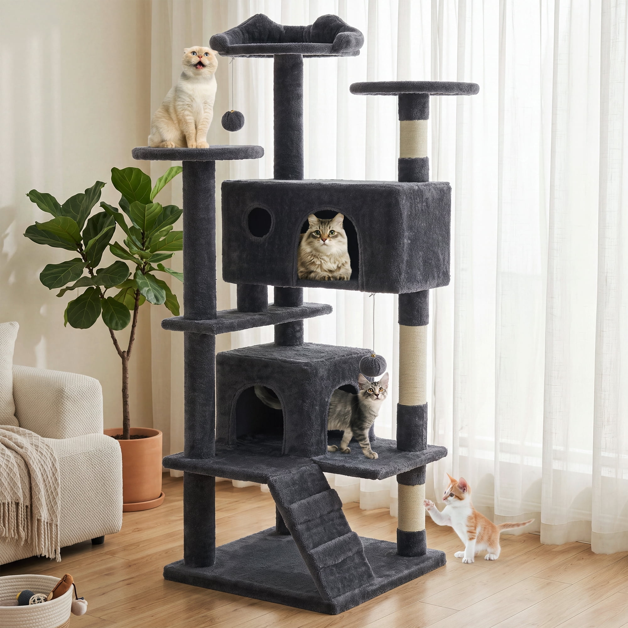 EDX 54" Cat Tree Tower for Indoor Cats, Multi-Level Pet Furniture with Sisal Scratching Post, Large Cozy Condo, Climbing Ramp, Kitten Toy, Dark Grey