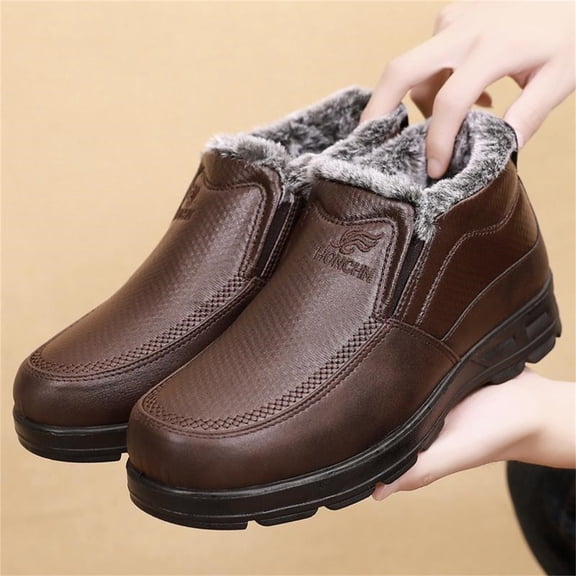 AUDeals Mens Waterproof Winter Boots Warm Fur Lined Slip On Snow Boots Thick Sole Casual Walking Shoes (Coffee, 10)