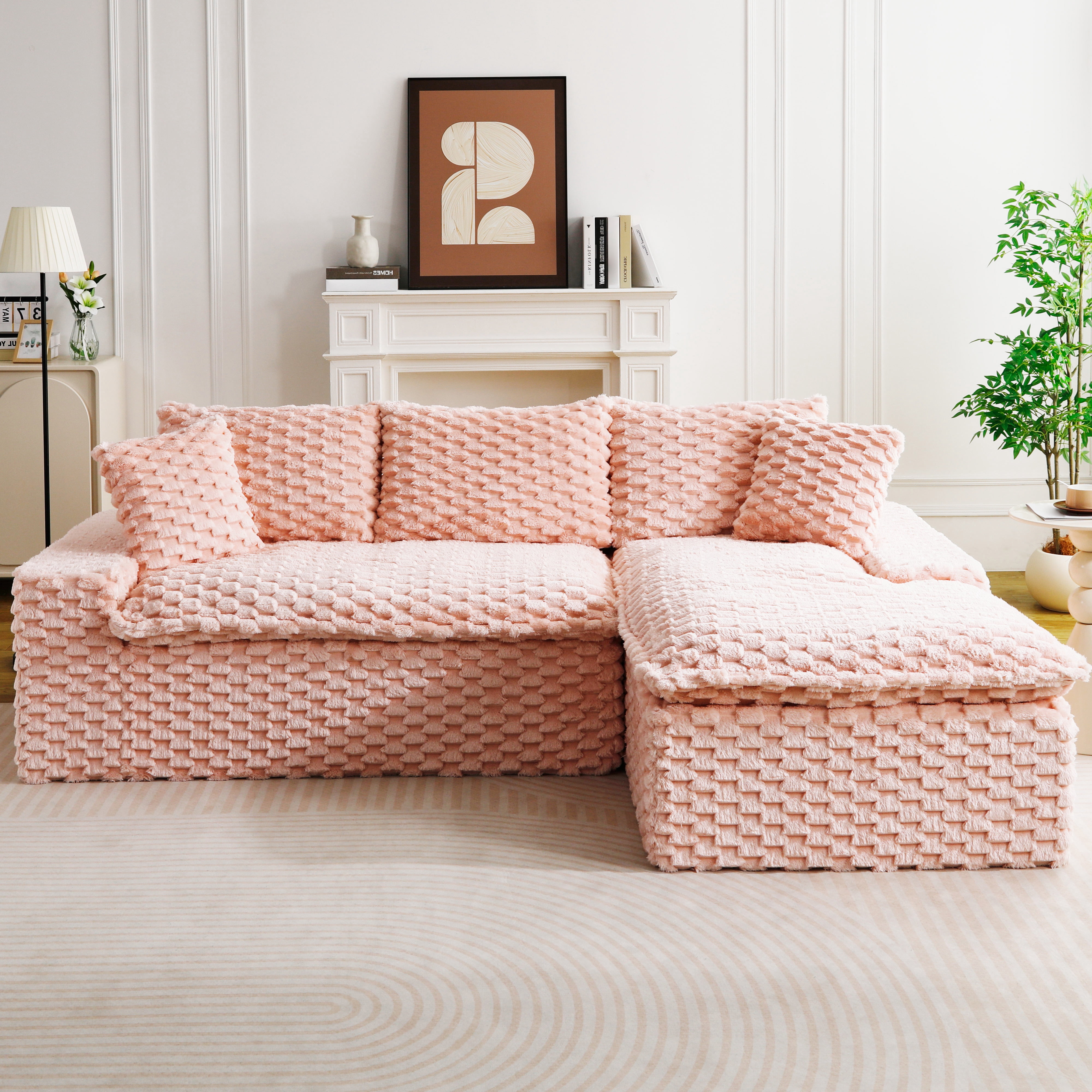 HOQBN 96"W Modular Sectional Sofa,L Shape Modern Corduroy Cloud Couch,Upholstered Deep Seat Boneless Sofa Couch with Right Chaise Lounge for Living Rooms,No Assembly Required,Pink
