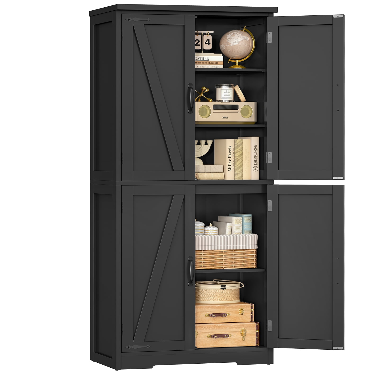 58.27” Kitchen Pantry Cabinets With 4 Doors, Storage Cabinets, Cupboard, Tall Bathroom Cabinets For Dinning Room, Living Room, Black