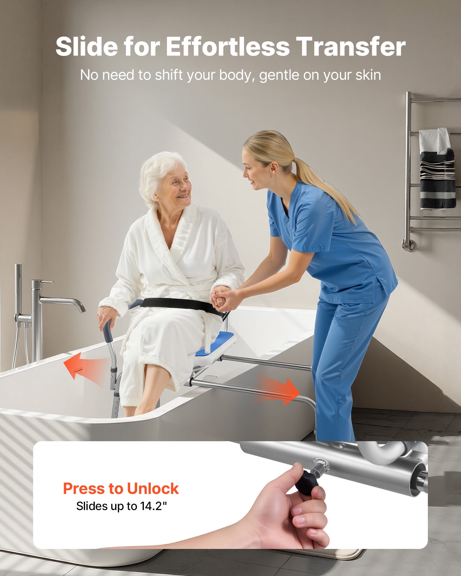 VEVOR Sliding Shower Chair, 400 lbs Tub Transfer Bench for Bathtub with Swivel Seat, Padded Shower Bench with Arms and Backrest, Height Adjustable for Handicap, Adults, Seniors, Elderly and Disabled