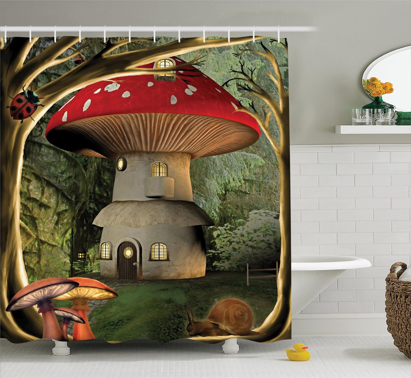 Mushroom Decor Shower Curtain Set, Countryside Sunny Environment ...