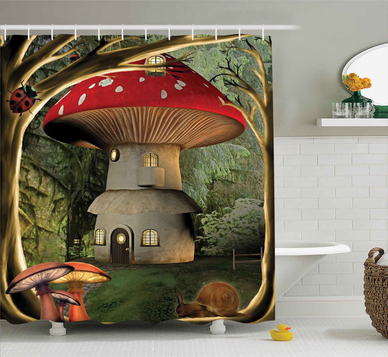 Mushroom Decor Shower Curtain Set, Countryside Sunny Environment