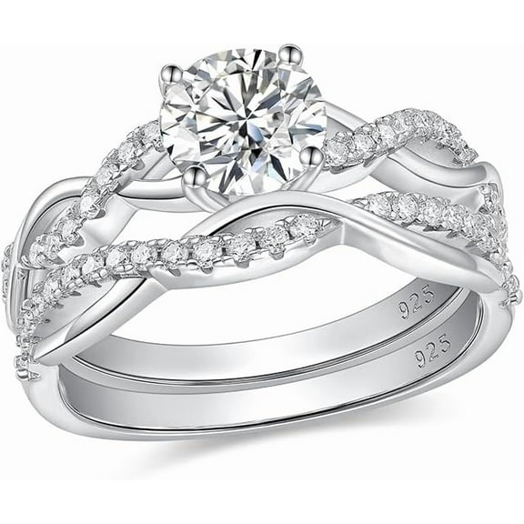 Infinity, Round Cut White Moissanite Engagement & Wedding Ring Sets 925, Sterling Silver
