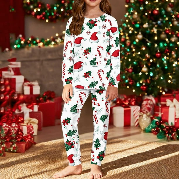 Conjuntos de blusas y camisas de cuello redondo y manga larga con estampado navideño para niños Camisa de manga larga con cuello redondo y cintura elástica Pantalones largos Conjunto de traje de casa