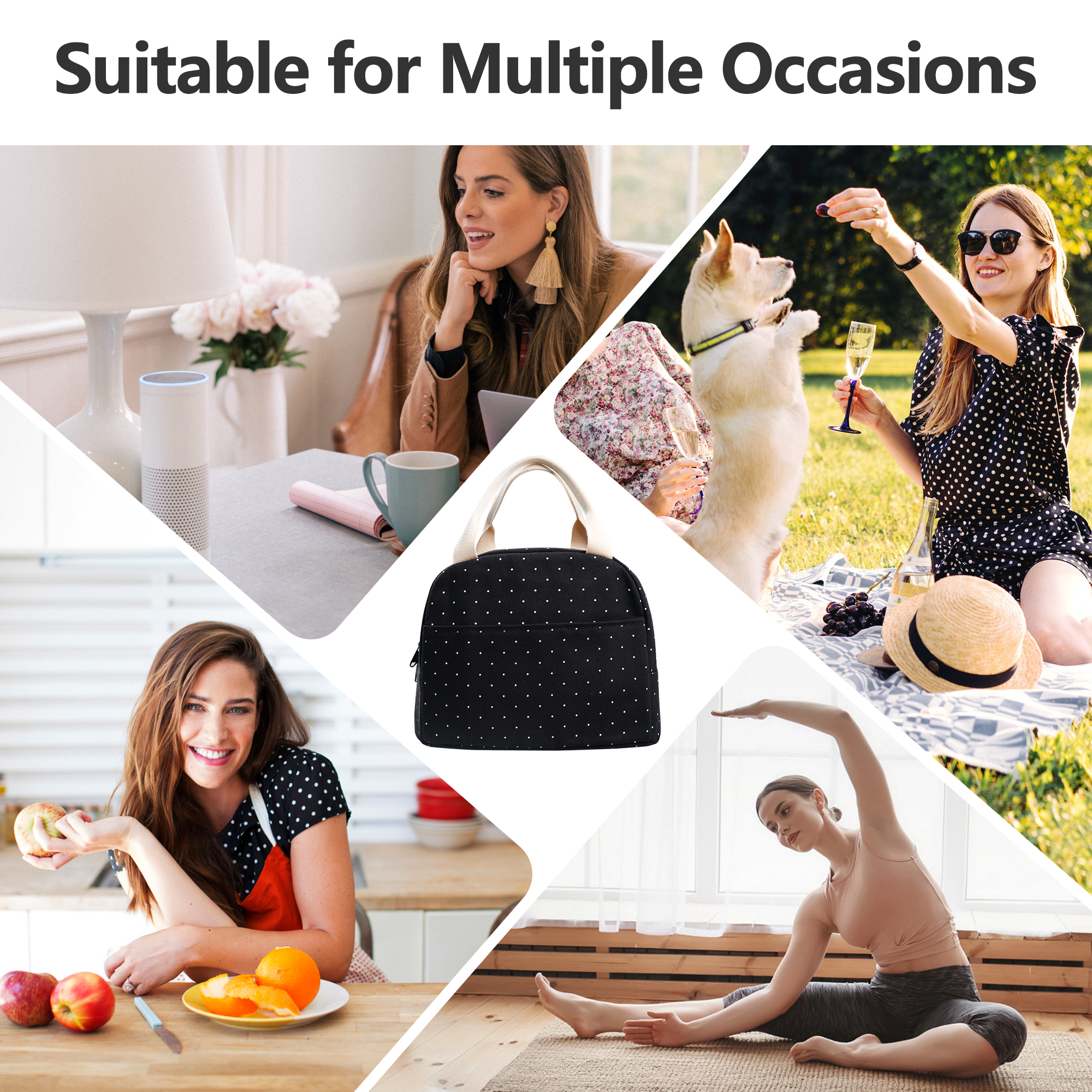 Inosoo Insulated Lunch Bag, Black with White Polka Dot photo 8