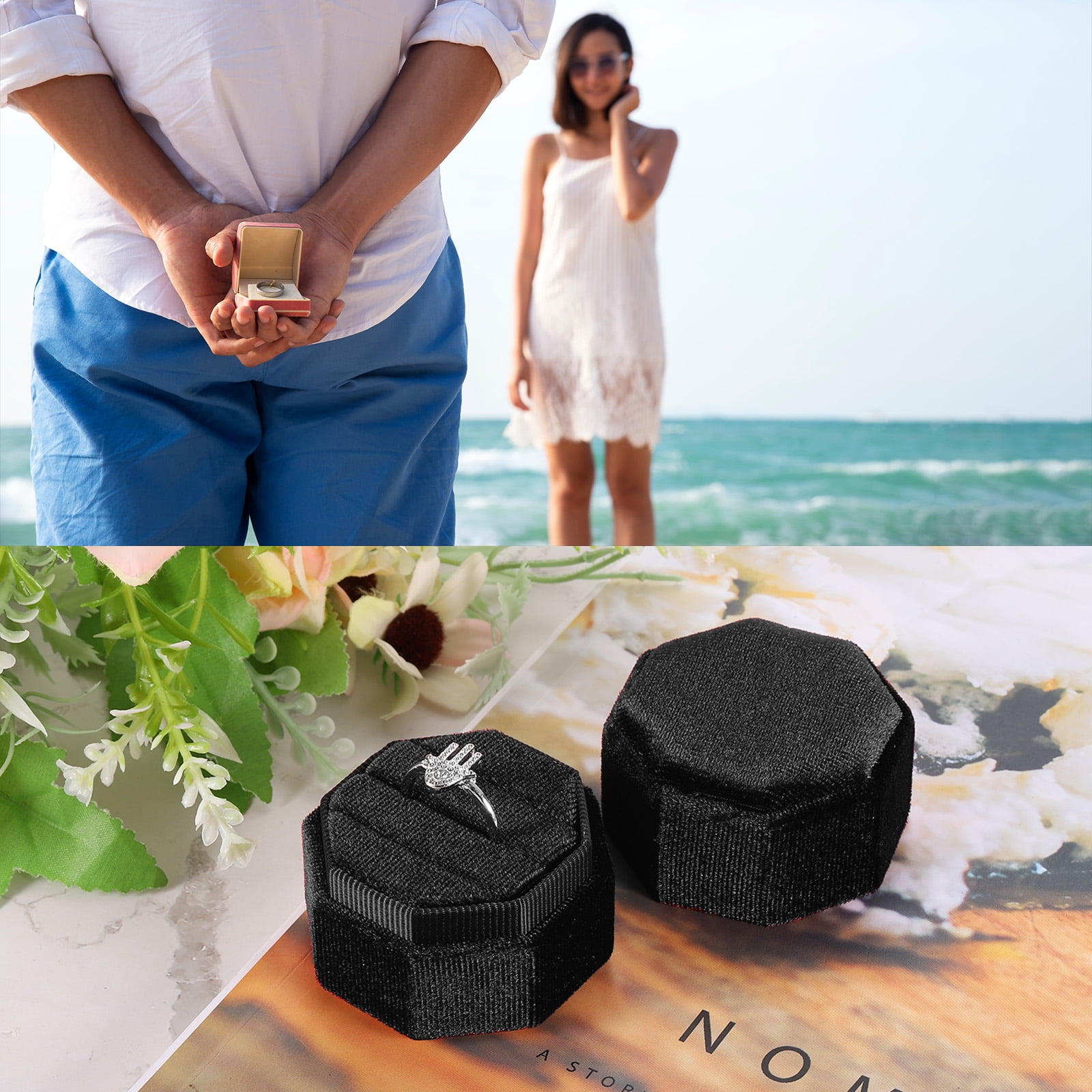 Unique Bargains Octagon Velvet Ring Box for Wedding Rings Black