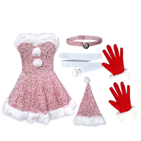 5Pcs Women Christmas Sequins Dress Costume Hat Belt Gloves,Christmas Sparkly Sequin Santa Claus Cosplay Outfit