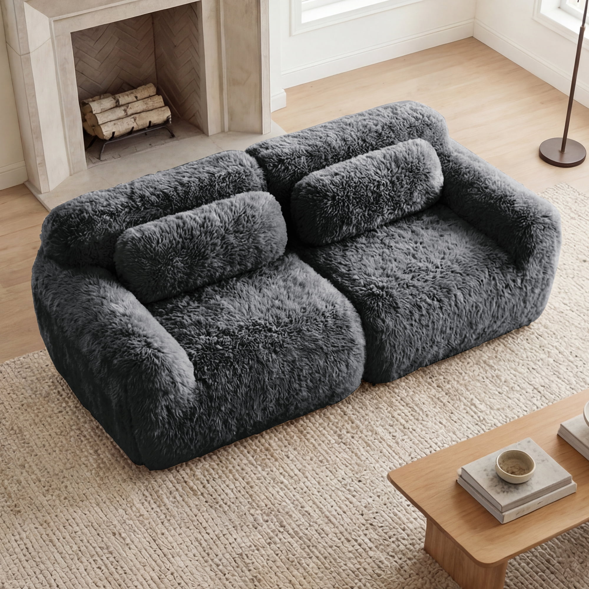 MAYEERTY 80" Gray Plush 2-Seater Modular Sectional Sofa, 32D High Density Foam Non Slip Base No Assembly with Pillows for Living Room