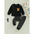 thumbnail image 2 of Toddler Boy Autumn Clothes Set, Long Sleeve Round Neck Tops with Pocket + Stripe Pattern Trousers, 2 of 8