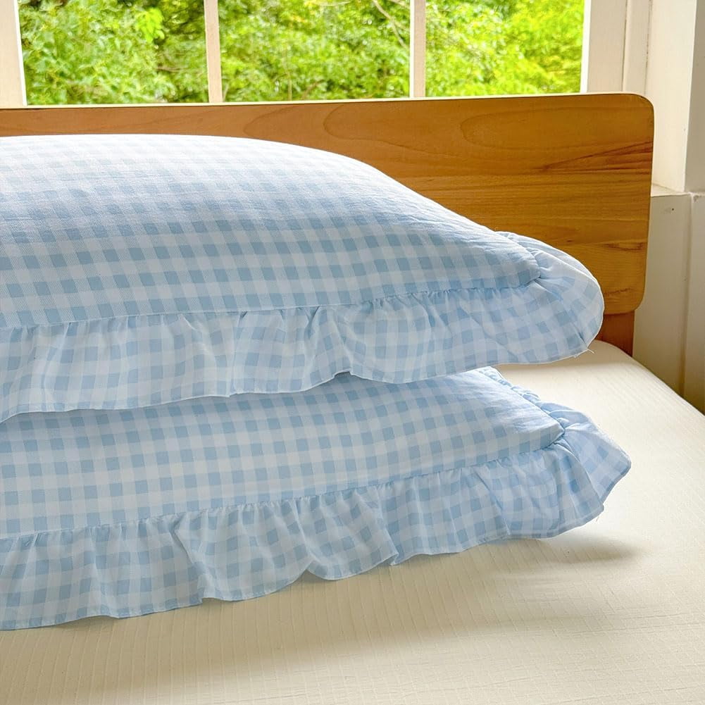 Light Blue Gingham Ruffle Duvet Cover Queen Size, 3 Pieces Soft Pre-Washed Microfiber Checked Plaid Comforter Cover Set, Vintage Farmhouse Bedding Set(Blue Gingham, Queen 90"x90")