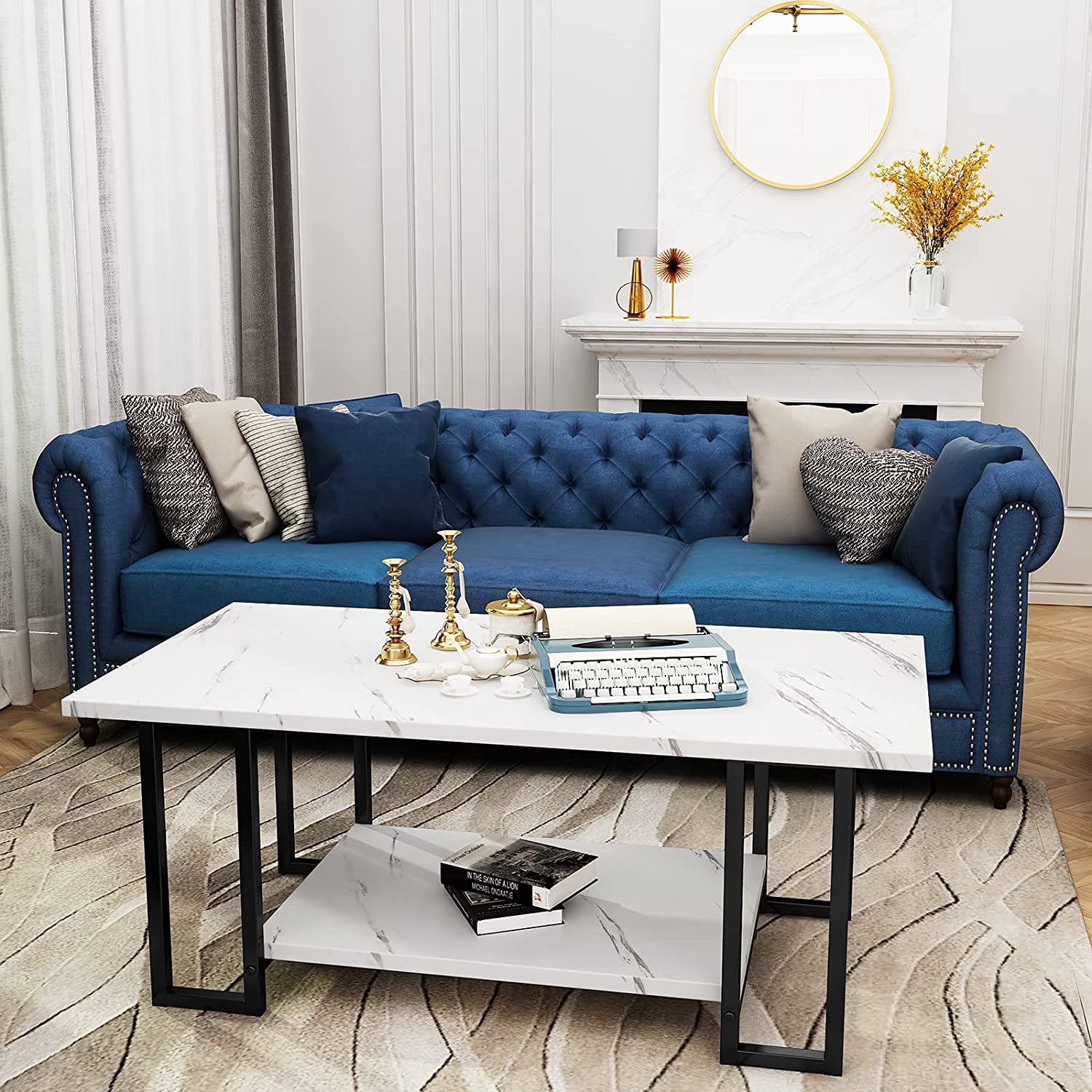 MIERES Coffee Table, Modern Faux Marble Top Coffee Table with Metal Frame and Storage Shelf, 2-Tier Rectangle Accent Cocktail Table for Living Room, Office (White & Black)