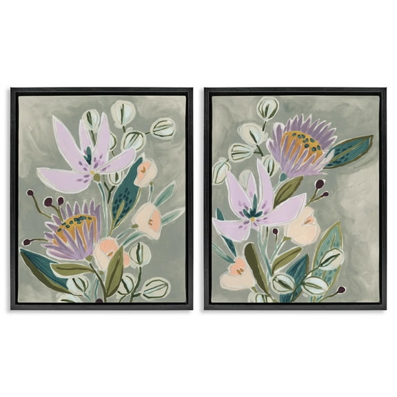 Stupell Industries Abstract Purple Floral Arrangement Botanical & Floral Painting Black Floater Framed Canvas Art Print Wall Art, 17 x 21, Set of 2