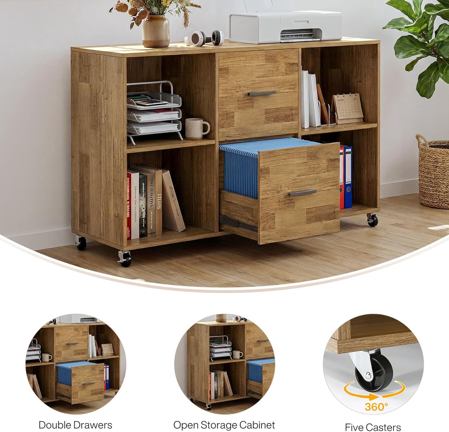Tribesigns 63" L Shaped Desk with Storage, Executive Office Desk with Rolling File Cabinet Combo, Business Furniture Set for Home Office, Brown