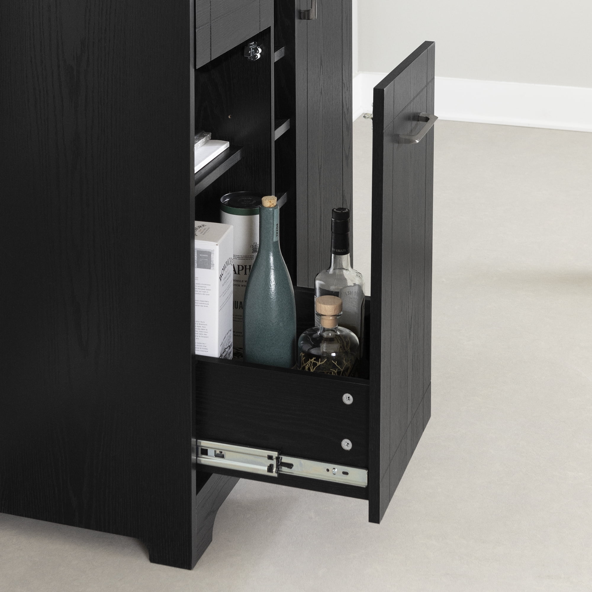 South shore bar cabinet with bottle and on sale glass storage