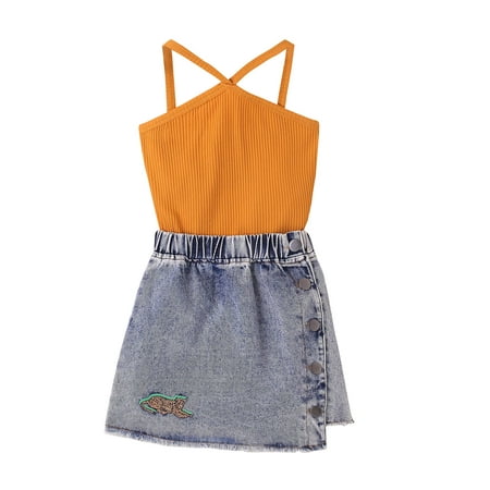 

Kids Child Baby Girls Summer Set Sleeveless Ribbed Vest Tops Cartoon Print Denim Skirt Outfits Set Clothes Must Haves Girl Little Girl Clothes 4t-5t