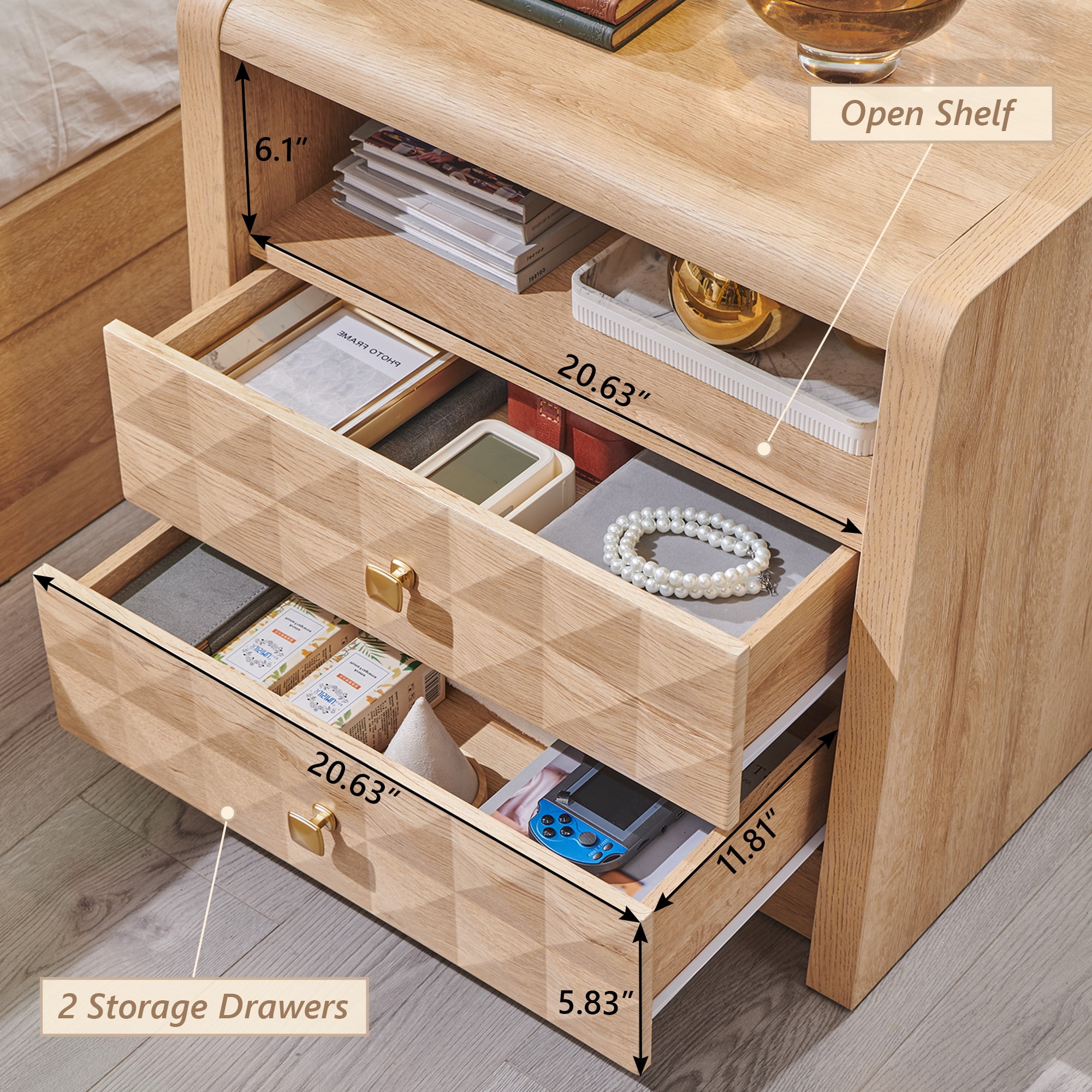AsterOutdoor Modern Nightstand with Charging Station, Wood End Table w/Diamond Panel Decorate, 2 Storage Drawers, for Bedroom, Living Room