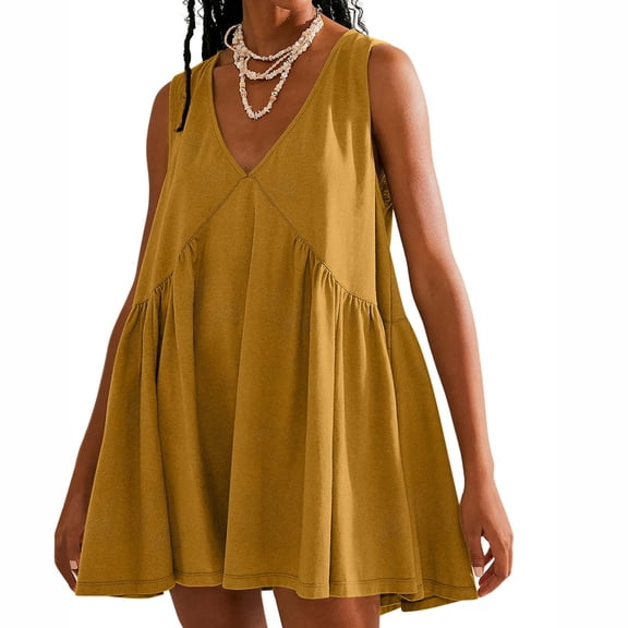 Women Summer Sleeveless Mini Dress, Casual Loose Sundress with Pocket, Pleated V-Neck Flow Beach Dress for Outdoor Activities and Daily Wear