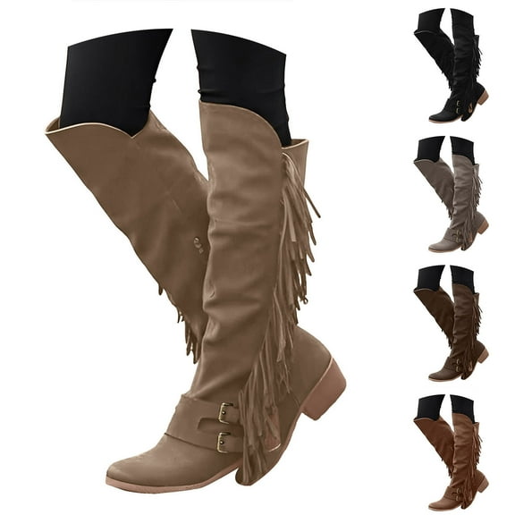 Pandaie Women's Over Knee High Boots Retro Fringe Riding Long Boots Chunky Heel Tassel Casual Winter Shoes Black 6