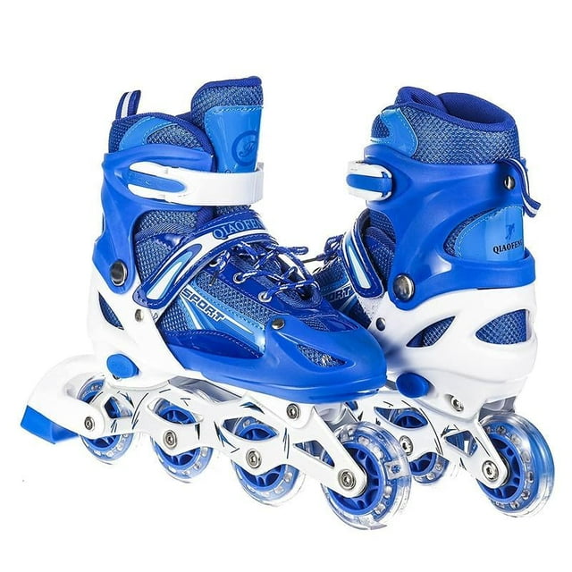 Nouveaux Patins en Ligne, Patins à Roulettes en Ligne Ajustables pour Garçons, Enfants et Filles, Chaussures de Patinage Unisexes pour l'Extérieur de 7 à 14 Ans, Patins à Roulettes avec Lumières DEL Clignotantes et Roues pour le Patinage (Bleu)