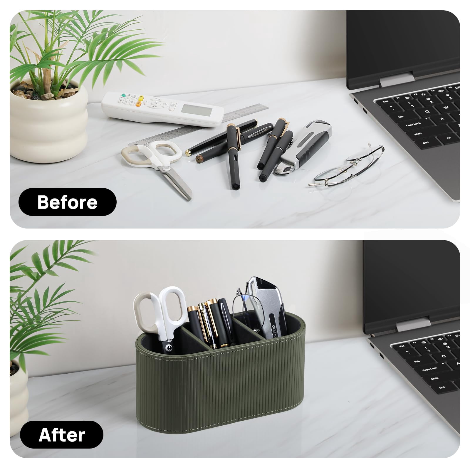 Aesthetic Remote Control Holder  Pu Leather Desktop Organizers With 3 Compartments For Home Office Supplies And Accessories Stylish Bedside Nightstand Organizer (green)