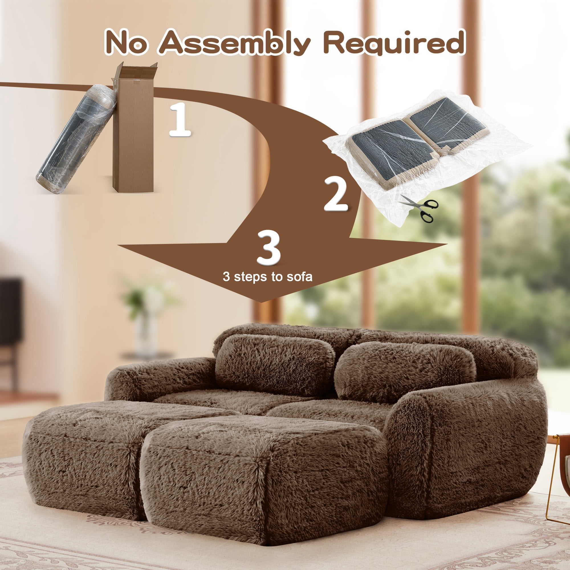 MAYEERTY 80" Chocolate Boneless Sofa, Plush Fabric 32D Foam Non-Slip Base No Assembly Deep Seat with Chaise Free Combination for Study