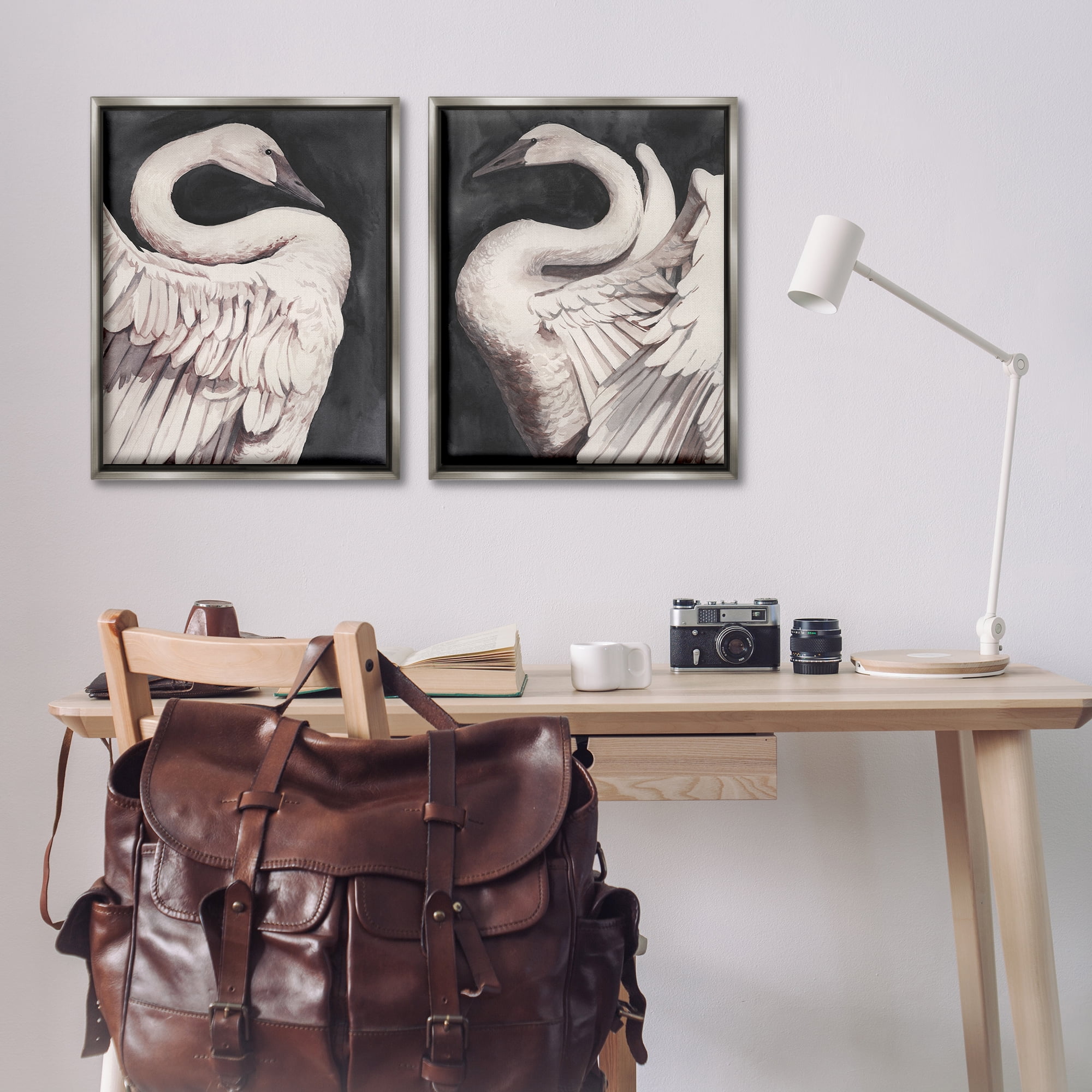 Stupell Industries Swans Taking Flight Animals Painting Gray Floater Framed Canvas Art Print Wall Art, 31 x 25, Set of 2